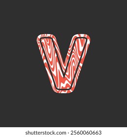 Letter V from fresh raw meat fish. Vector latin meat alphabet. Red meat salmon font for restaurants, butcher shop, farmers market, Salmon fillet marble texture, fish pattern. 