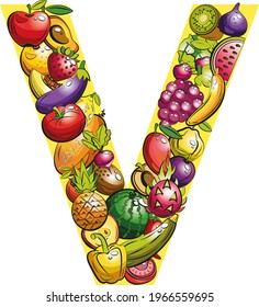 letter  V. Fruit letters. Collage of colored fruits and vegetables on the letter of the alphabet