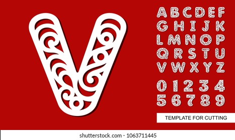 Letter V. Full English alphabet and digits 0, 1, 2, 3, 4, 5, 6, 7, 8, 9. Lace letters and numbers. Template for laser cutting, wood carving, paper cut and printing. Vector illustration.