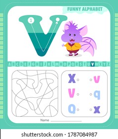 Letter V and funny cartoon bat. Alphabet a-z. Coloring page. Printable worksheet.	