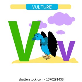 Letter V and funny cartoon vulture. 
Animals alphabet a-z. Cute zoo alphabet in vector for kids learning English vocabulary. Printable sheet.