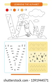 Letter V and funny cartoon vulture. Animals alphabet a-z. Coloring page. Printable worksheet. Handwriting practice. Connect the dots.