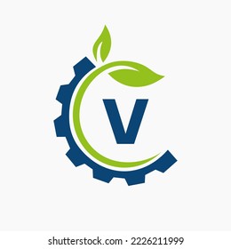 Letter V Gear Leaf Logo Design Vector Template. Leaf And Gear Symbol