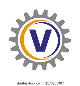 Letter V Gear Logo Design Template. Automotive Gear Logo for Business and Industrial Identity