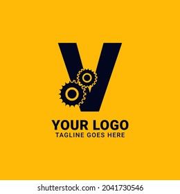 letter V with gear for technology and mechanical vector logo design
