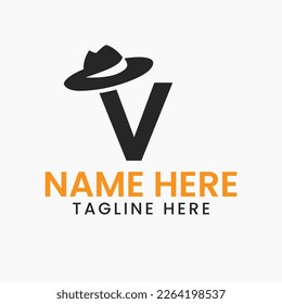 Letter V Gentlemen Hat Logo Design  Concept With Cowboy Hat Icon Template