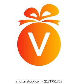 Letter V Gift Box Logo. Giftbox Icon Celebration Logo Element Template