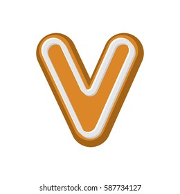 Letter V Gingerbread. Peppermint honey-cake font. Cookies alphabet. Lettering biscuit