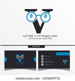 Letter V Glasses Equipment Simple and Minimalist Logo Template on White Background for Optician and Ophthalmologists Clinic with a Pack of Business Card Application - Flat Modern Isolated Symbol