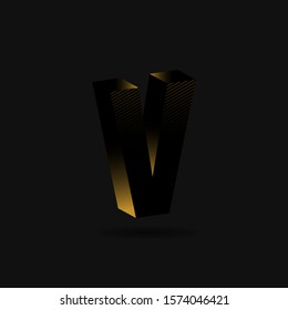 Letter V, Gold and black 3D alphabet vector.