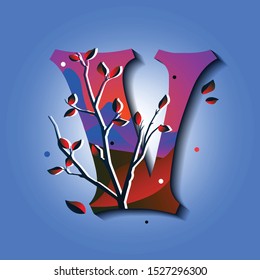 Letter V in golden autumn style. Tree with red leaves. Mountains with moon. Mystic space idea. Flat vector
