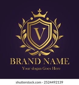 Letra V ilustração do vetor do logotipo da coroa dourada.
