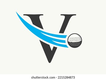 Letter V Golf Logo Design Template. Hockey Sport Academy Sign, Club Symbol