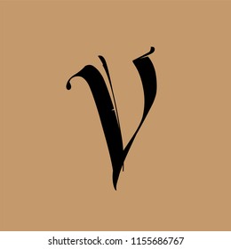 Letter V, in the Gothic style. Vector. Alphabet. The symbol is isolated on a golden background. Calligraphy and lettering. Medieval Latin letter. Logo for the company. Elegant font for tattoo.