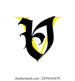 Letter V, in the Gothic style. Vector. Alphabet. The symbol is isolated on a white background. Calligraphy and lettering. Medieval Latin letter. Logo for the company. Monogram. Elegant font for tattoo