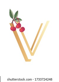 Letra V con estilo de gradiente color beige cubierto con hojas verdes y bayas rojas fuente eco ilustración vectorial plana aislada en fondo blanco