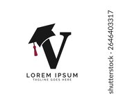 Letter V with Graduation Cap Logo. Alphabet V Education Hat icon