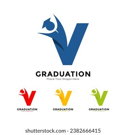 Letter V graduation with cap symbol. Vector logo design. Suitable for business, education, initial name, poster and label