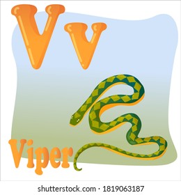 Letter V, green snake, viper, cobra or slug drawn in cartoon style. Children's English alphabet. Vector illustration isolated on white background
