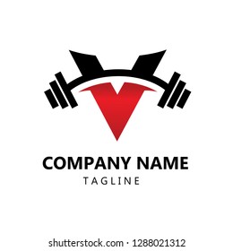 Letter V Gym Logo, Gym Logo Design, Letter V with Barbell, Fitness Logo