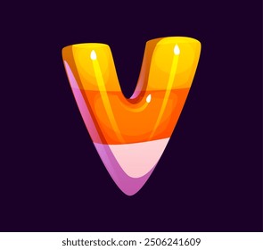 Letter V Halloween font, cartoon evil type, funny scary typeface, spooky alphabet uppercase letter as a candy corn with vibrant yellow, orange, and white colors. Isolated vector latin abc typography