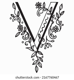 Letter V hand drawn. Vintage letter.  Floral decorative typography. Decorative handmade font. English alphabet. Doodles font from ornamental flowers - letter V. Black and white.