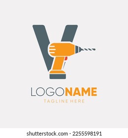 Letter V Hand Drill Machine Logo Design Vector Icon Graphic Emblem Illustration