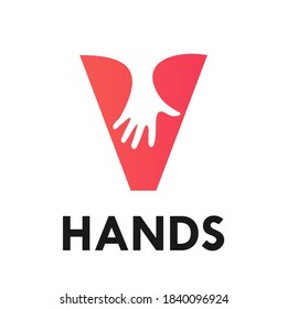 letter v with hands logo template illustration. suitable for partnership, identity, symbol, support, teamwork, web, outline etc