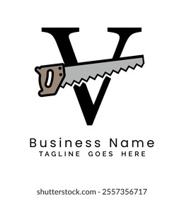 Letter V handsaw logo. Alphabet V woodwork and carpentry icon