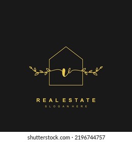 letter V handwritten Real estate logo concept. Feminine style Handwritten alphabet with floral in the logo template. Letters and Alphabet for your logo design.