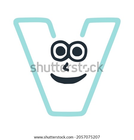 Letter v happy eccentric smiling character, smiley face vector clip art