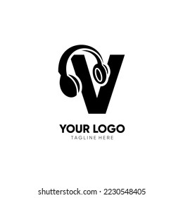Letter V Headphone Logo Design Vector Icon Graphic Illustration