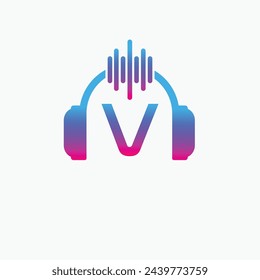 Letter V Headphone Logo Design Vector Icon Graphic Illustration Music Disco DJ Wave sound
