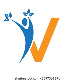 Letter V Healthcare Logo Concept With Human And Leaf Symbol For Bio Sign