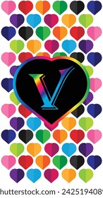 Letter V in the heart of the colorful hearts on a white background. Suitable for Modern Mobile Phone Wallpaper. 4k Mobile Wallpaper