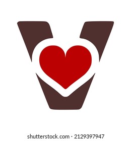Letter v with heart symbol doodle icon