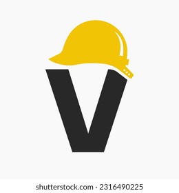 Letter V Helmet Construction Logo Concept With Safety Helmet Icon. Engineering Architect Logotype