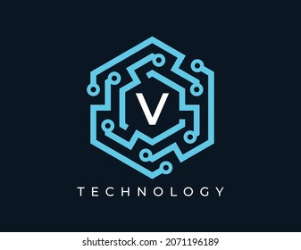 Buchstabe V mit dem Logo für die Hexagon-Technologie. Vektorlogo-Vorlage