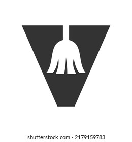 Letter V House Cleaning, Maid Logo Vector Template. Broom Logo Concept with Cleaning Brush