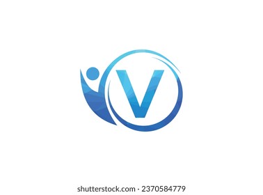 Letter V with human health care logo design vector. Health care symbol template.