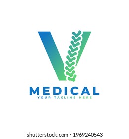 Letter V with Icon Spine Logo. Usable for Business, Science, Healthcare, Medical, Hospital and Nature Logos.