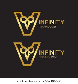 Letter V Infinity logo,Gold color, loops, Business Technology Logotype