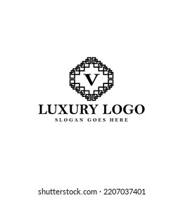 Letter V initial based vector logo. Serif letter logo within complex line art frame. Logo for luxury product, jewelry, fashion, beauty, and company.