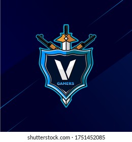 Letter V - Initial logo E-Sport with decoration of sword, shield, and weapon. Perfect for gamer brand, squad, etc.