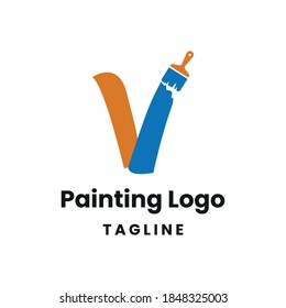 Letter V Initial with paint brush icon for paint and decoration business logo concept vector template