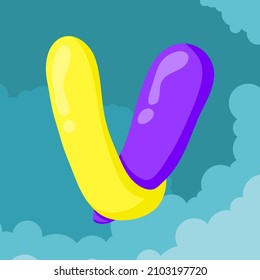 Buchstabe V Initialen Lila und Gelbe Ballons sind miteinander verflochten, um Buchstaben zu bilden, die einzeln auf Himmel- und Wolkenhintergrund schwimmen, Vektorlogo Buchstaben Typografie-Illustration.