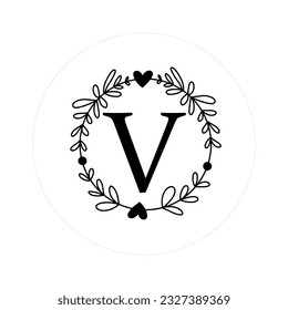 Letter "V" Initials with Round Floral Frames, Vector Monogram Logo, Cricut File