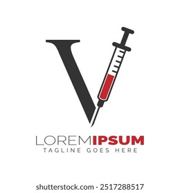 Letter V Injection Logo Design. Alphabet V Syringe icon illustration