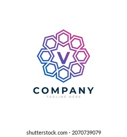 Elemento de plantilla de diseño del logotipo de la forma del hexágono de la letra V