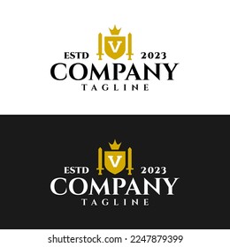 letter V inside a shield and a sword with a classic medieval style. classic elegant logo template.
